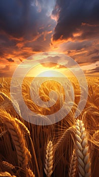 A beautiful sunset over a golden wheat field