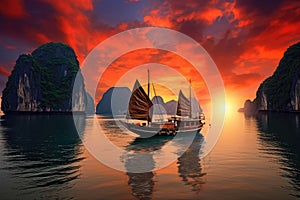 Beautiful sunset over Halong bay with sailboat and islands in Vietnam, Seascape sunset at Halong Bay, AI Generated