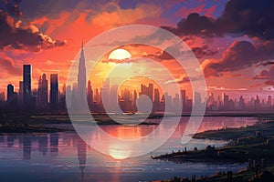 Beautiful sunset over the lake with skyscrapers in the background, A hopeful depiction of a sunrise over a city sky, AI Generated