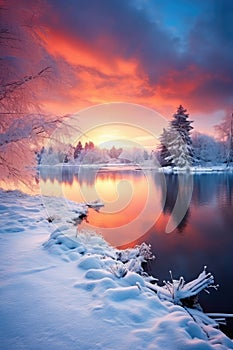 Beautiful Sunset Over Lake With Snow