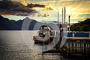 Beautiful sunset over lake Wakatipu in Queenstown, New Zealand