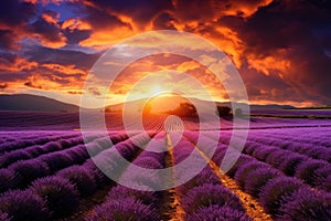 Beautiful sunset over lavender field in Provence, France, A beautiful lavender field against the backdrop of a dramatic sunset, AI