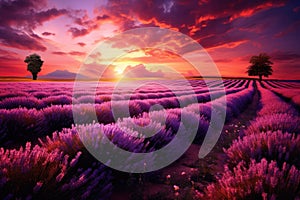 Beautiful sunset over lavender field in Provence, France, A beautiful lavender field against the backdrop of a dramatic sunset, AI