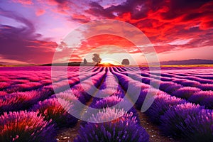Beautiful sunset over lavender field in Provence, France. Generative AI