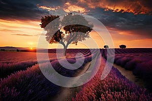 Beautiful sunset over lavender fields in Provence, France