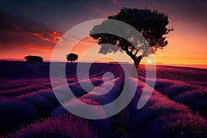 Beautiful sunset over lavender fields in Provence, France