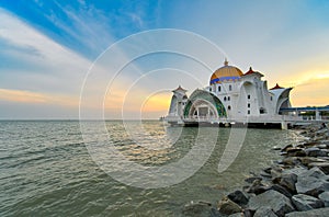 Beautiful sunset over the Malacca Straits Mosque or Masjid Selat