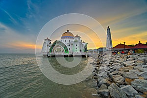 Beautiful sunset over the Malacca Straits Mosque or Masjid Selat