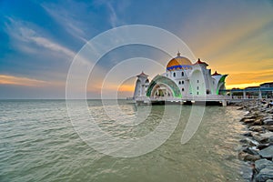 Beautiful sunset over the Malacca Straits Mosque or Masjid Selat