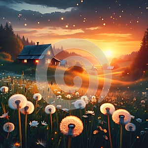 Beautiful sunset over the meadow with dandelions. Nature background.