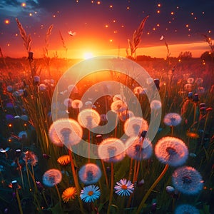Beautiful sunset over the meadow with dandelions. Nature background.