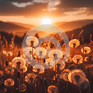 Beautiful sunset over the meadow with dandelions. Nature background.