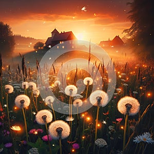 Beautiful sunset over the meadow with dandelions. Nature background.