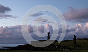 Beautiful sunset over Moai Statues in Hanga Roa