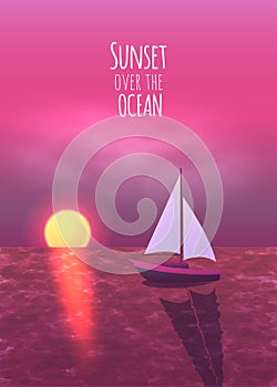 Beautiful sunset over ocean with golden sun and pink sky. Vector illustration.