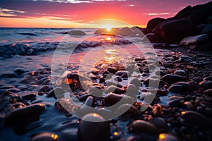 a beautiful sunset over the ocean with rocks and pebbles on the beach