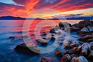 a beautiful sunset over the ocean with rocks and water