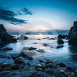 a beautiful sunset over the ocean with rocks and water