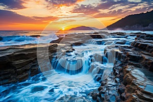 a beautiful sunset over the ocean with water flowing down the rocks