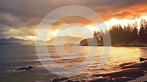 Beautiful sunset over ocean, with water reflecting colors of sky. There are several trees and rocks in scene, adding to