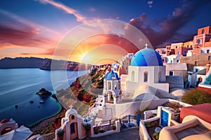 Beautiful sunset over Oia village on Santorini island, Greece, Beautiful view of Churches in Oia village, Santorini island in