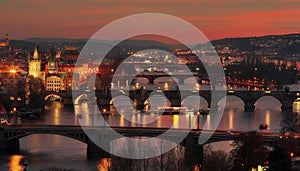 Beautiful sunset over Prague. Panorama of the city with the Vltava River in the foreground - Czech Republic