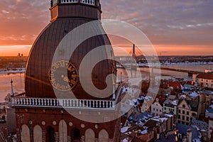 Beautiful sunset over Riga old town during cold winter day.