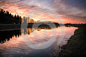 Beautiful sunset over river Musa, Lithuania