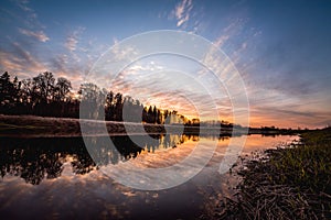 Beautiful sunset over river Musa, Lithuania