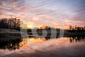 Beautiful sunset over river Musa, Lithuania