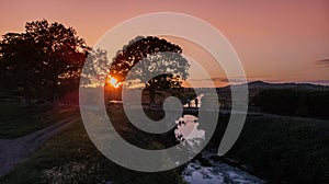 A beautiful Sunset over a riverbank near Glastonbury, Somerset