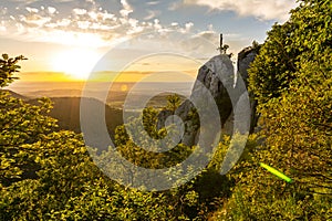 Beautiful sunset over rock ledge and forest in the Swabian Alps in Southern Germany