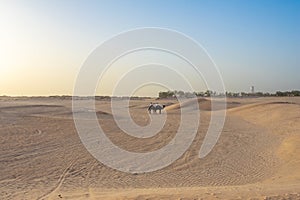 Beautiful sunset over Sahara desert in Douz, Tunisia. Sand and dunes against sky