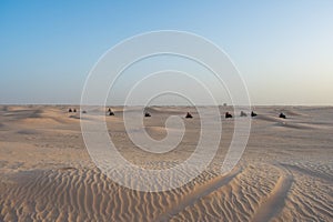 Beautiful sunset over Sahara desert in Douz, Tunisia. Sand and dunes against sky