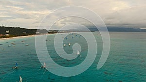 Beautiful sunset over sea, aerial view. Boracay island Philippines.