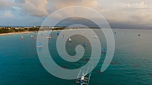 Beautiful sunset over sea, aerial view. Boracay island Philippines.