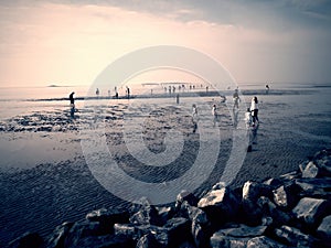 Beautiful sunset over the sea and background and people playing on the mud and beautiful clouds