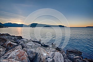 Beautiful sunset over the sea in Herceg Novi town in Montenegro