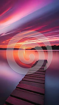 Beautiful sunset over the sea with pink and purple colors, long exposure.Dramatic sky.