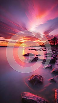 Beautiful sunset over the sea with pink and purple colors, long exposure.Dramatic sky.