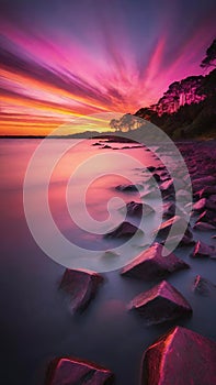 Beautiful sunset over the sea with pink and purple colors, long exposure.Dramatic sky.