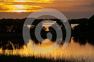 Beautiful sunset over the swamp in Louisiana, the reflection of clouds in the water, USA