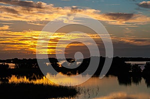 Beautiful sunset over the swamp in Louisiana, the reflection of clouds in the water, USA