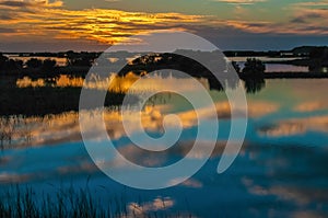 Beautiful sunset over the swamp in Louisiana, the reflection of clouds in the water, USA