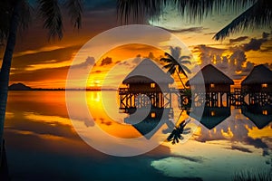 Beautiful sunset over tropical island with palm trees and huts on stilts. Generative AI
