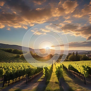 A beautiful sunset over a vineyard with rows of grapevines and wine glasses2 photo
