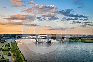 A beautiful sunset over the Wisla river in Tczew, Poland