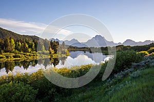 Beautiful sunset at Oxbow bend overview snake river, Grand Teton National Park during summer