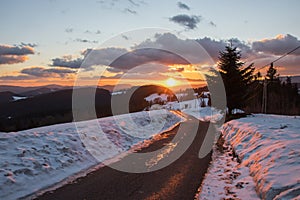 Beautiful sunset at peak of GruÃË StarÃÂ© Hamry, CHKO Beskydy - Czech Republic photo