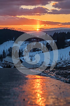 Beautiful sunset at peak of GruÃË StarÃÂ© Hamry, CHKO Beskydy - Czech Republic photo